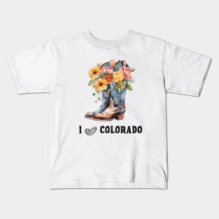 I Love Colorado Boho Cowboy Boots with Flowers Watercolor Art Kids T-Shirt